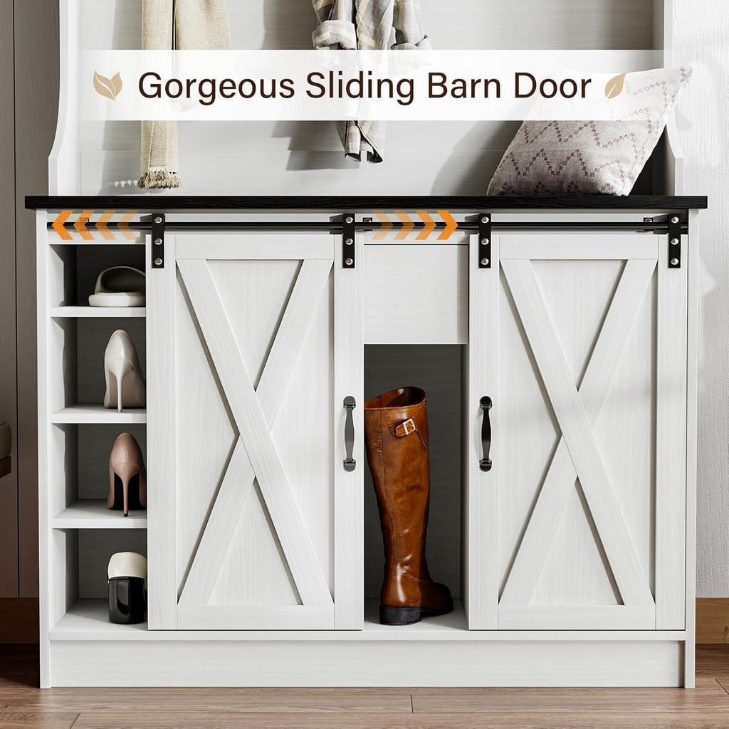 4Ever2Buy Farmhouse Hall Tree With Bench 5-In-1 Entryway Bench With Coat Rack With Sliding Barn Doors Entryway Coat Rack With Shoe Storage
