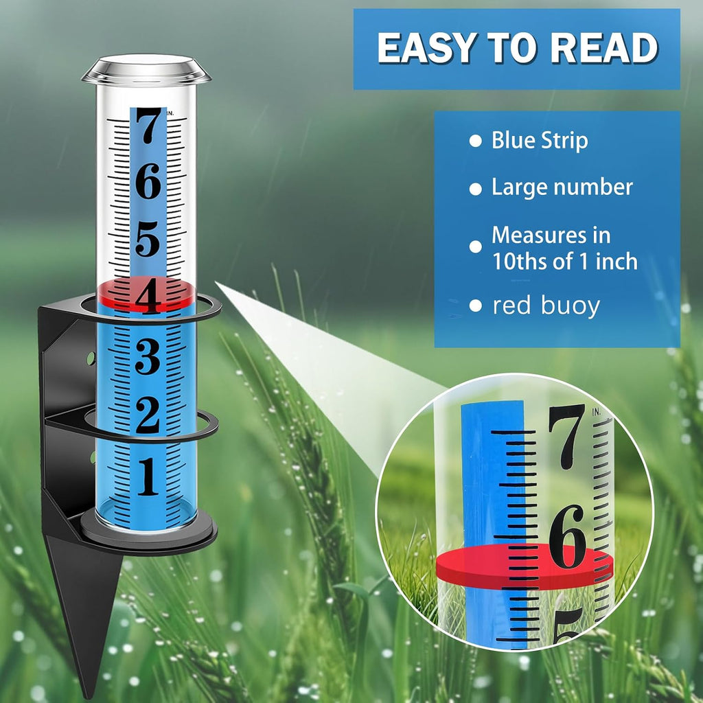 Rain Gauge Outdoor,7" Rain Gauges Outdoors Best Rated With Metal Rack Holder, Rain Measure Gauge, Easy To Read With Red Float, Large Font Plastic Replacement Tube For Yard Garden