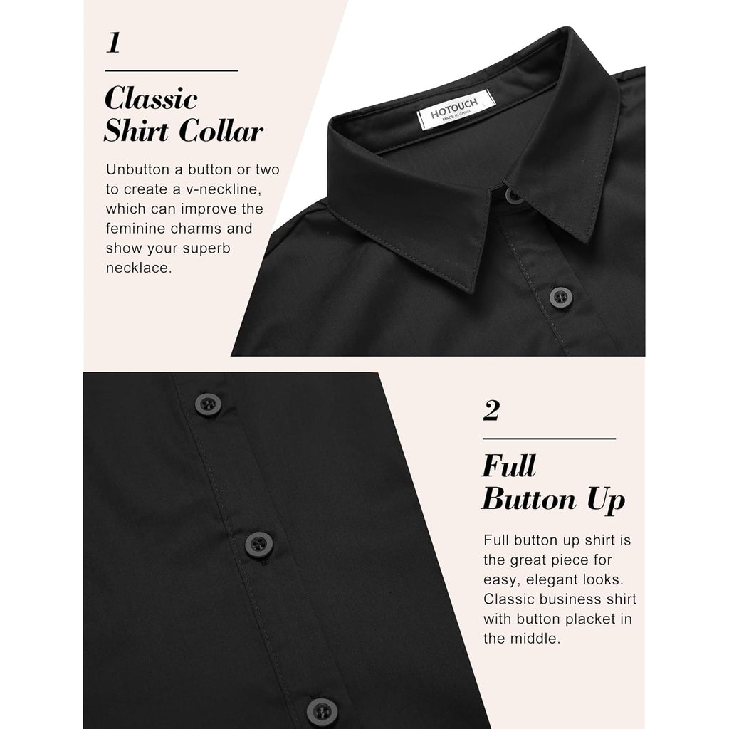 Women's Basic Button Down Shirts 3/4 Sleeve Stretch Button Up Dress Shirt Slim Fit Waitress Work Shirts