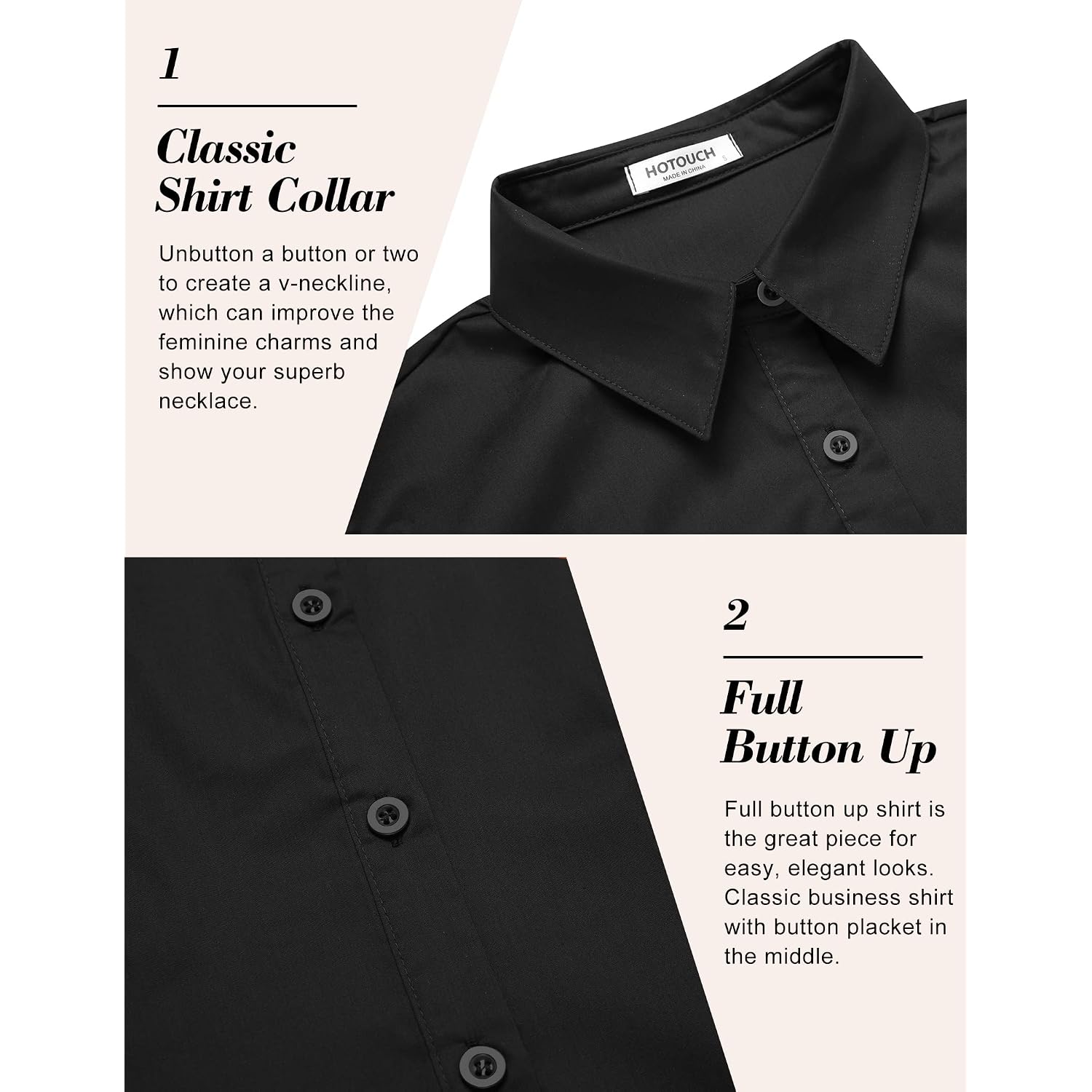 Hotouch Women'S Basic Button Down Shirts 3/4 Sleeve Stretch Button Up Dress Shirt Slim Fit Waitress Work Shirts