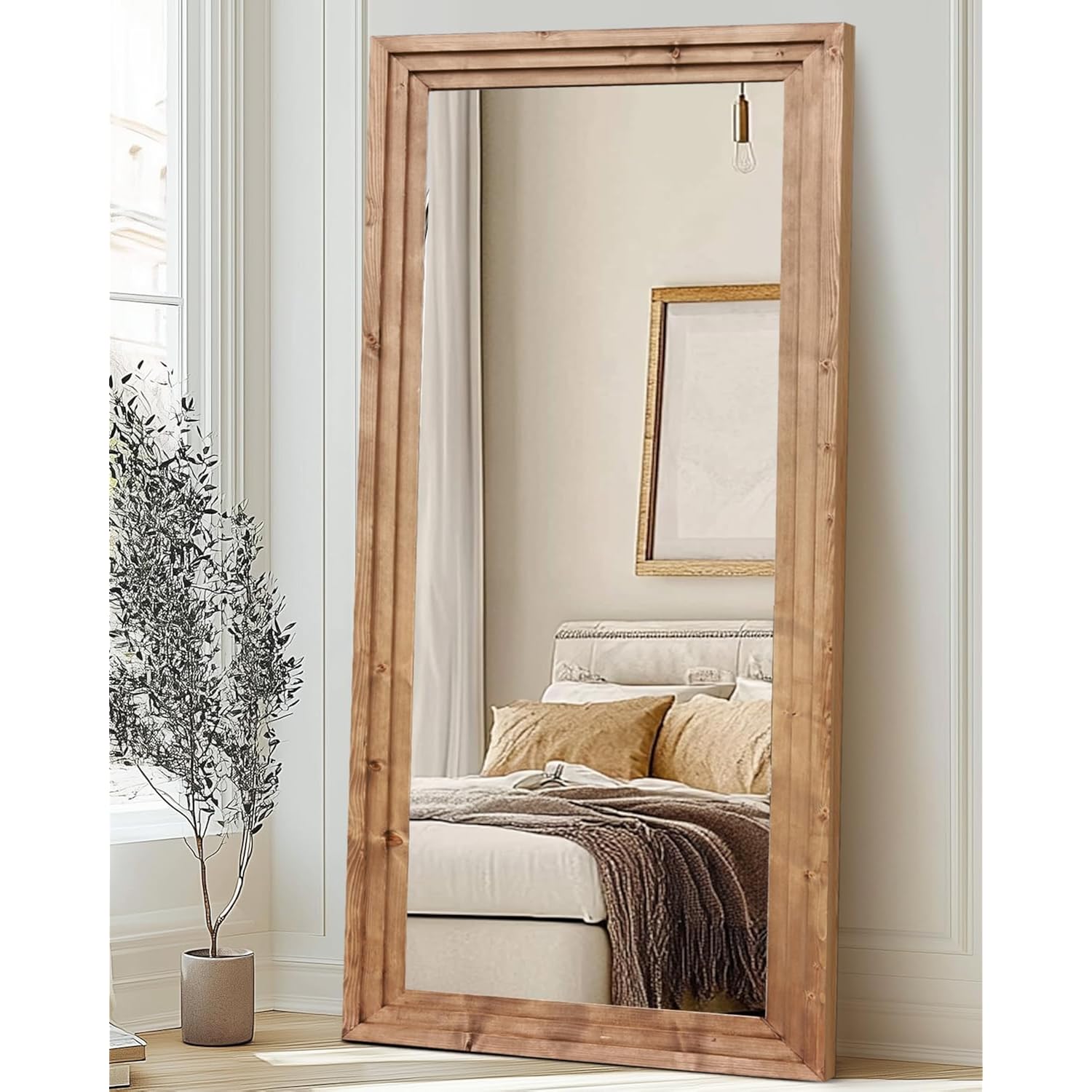 Full Length Mirror 76"X34" Solid Wood Frame Floor Large Mirror For Living Room, Bedroom Hanging Or Leaning Wall-Mounted, Light Brown