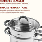 SUNHOUSE Stainless Steel Steamer Pot for Cooking - 3 QT Steaming Pot with Glass Lid & Steamer Basket - 2 Tier Tri-ply Vegetable Steamer with Stay-Cool Silicone Handles - Induction Compatible