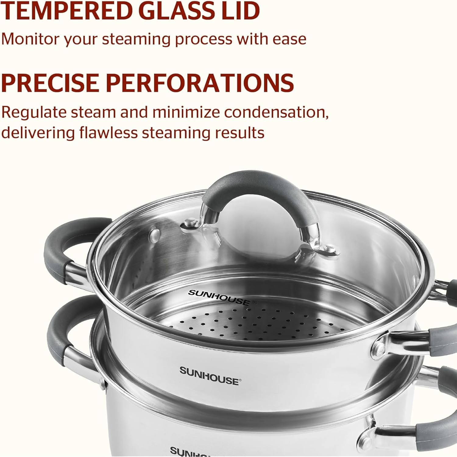 SUNHOUSE Stainless Steel Steamer Pot for Cooking - 3 QT Steaming Pot with Glass Lid & Steamer Basket - 2 Tier Tri-ply Vegetable Steamer with Stay-Cool Silicone Handles - Induction Compatible