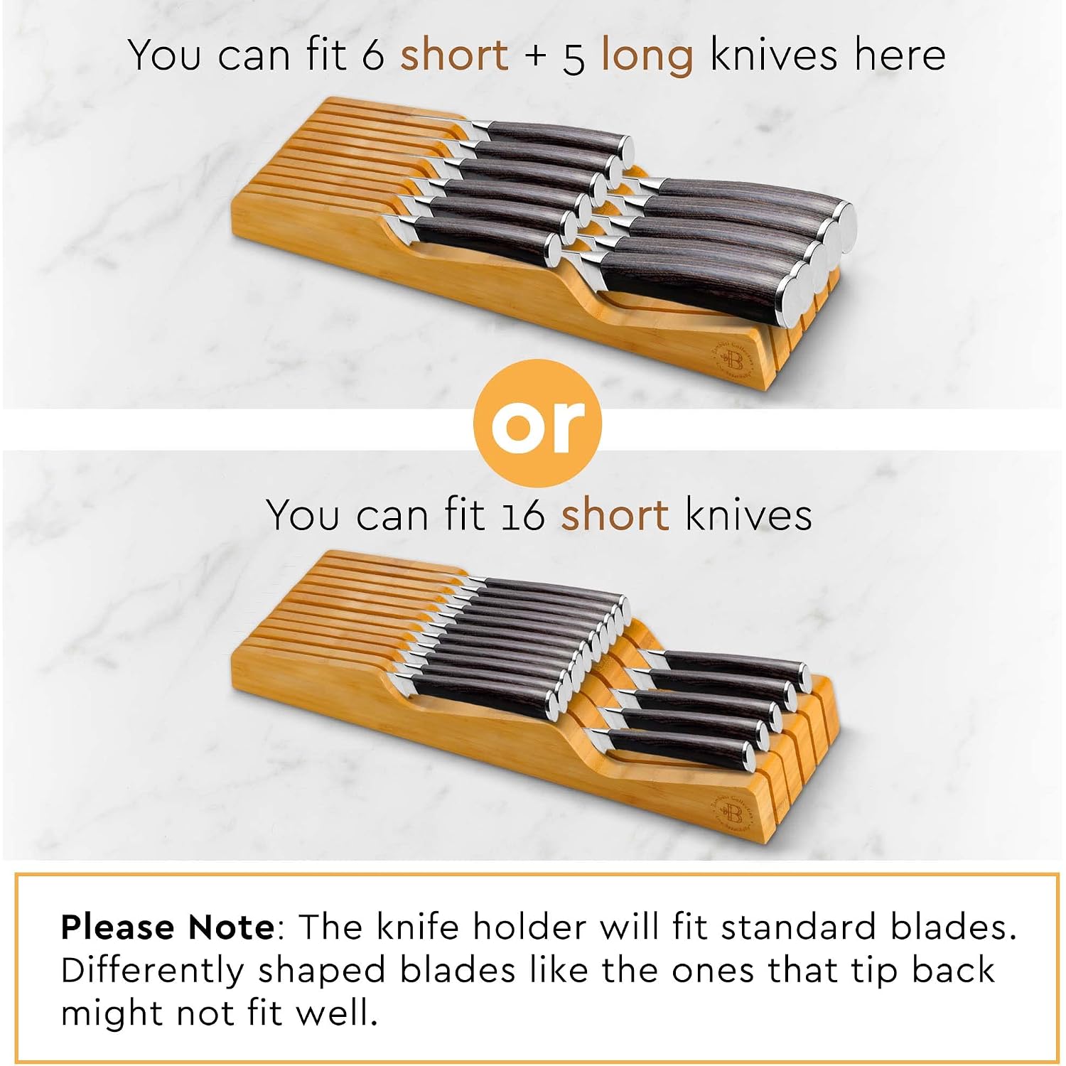 Bambüsi Knife Drawer Organizer - Bamboo Wood In-Drawer Knife Block Holder For Kitchen Drawer, 16 Slot Blade Down Knife Organizer Insert, Fits Chef & Steak Knives, Standard Drawer (Knives Not Included)