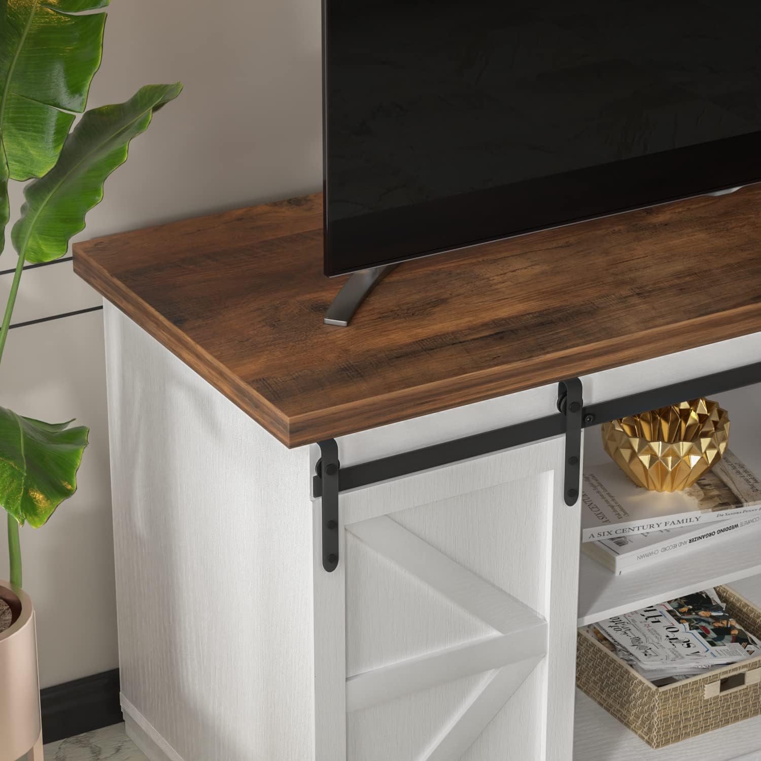 Jummico Tv Stand For 65 Inch Tv, Entertainment Center With Storage Cabinets And Sliding Barn Doors, Mid Century Modern Media Tv Console Table For Living Room Bedroom (Bright White)