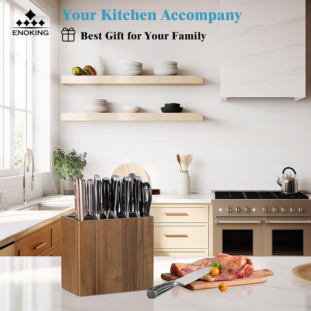 Xxl Acacia Wood Knife Holder – Large Universal Knife Block With Blade-Protecting Slots, Holds 26+ Knives, Scissors, And Sharpening Rods, Space-Saving Kitchen Storage Organizer
