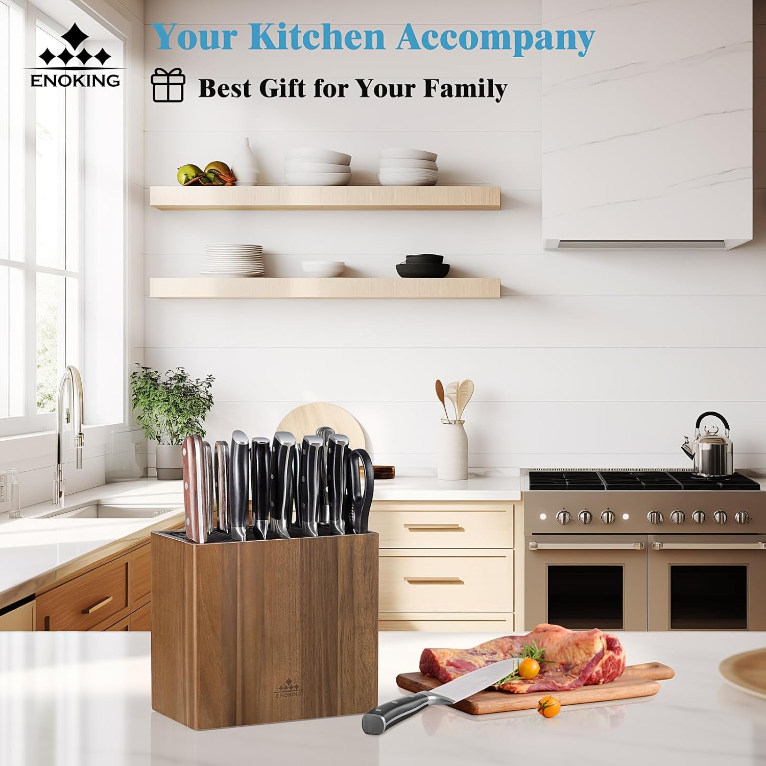 Xxl Acacia Wood Knife Holder – Large Universal Knife Block With Blade-Protecting Slots, Holds 26+ Knives, Scissors, And Sharpening Rods, Space-Saving Kitchen Storage Organizer