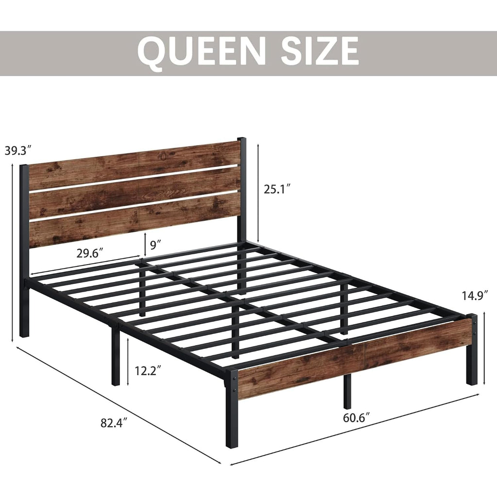 Queen Bed With Headboard And Footboard, With Under Bed Storage, All-Metal Support System, No Box Spring Needed, Easy Assembly,Retro Brown