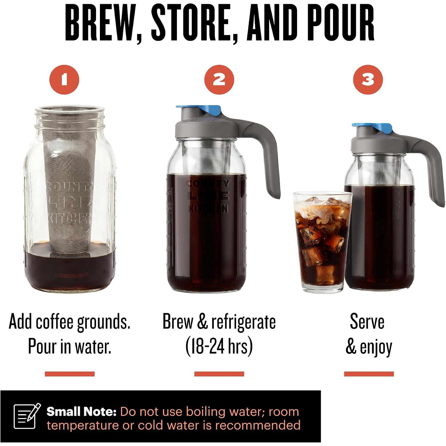 County Line Kitchen 64 Oz Glass Cold Brew Coffee Maker With Leak-Proof Lid, Wide Mouth Mason Jar - Iced Coffee And Tea Pitcher - Gray
