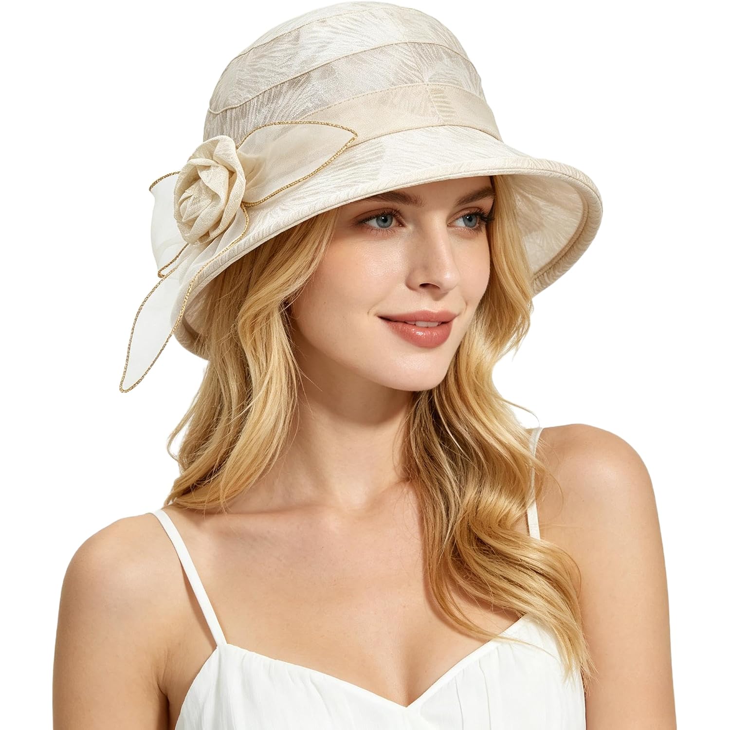 Women Flower Bowler Sun Hat Wide Brim Cloche Bucket Hat Foldable Breathable Wedding Church Tea Party Fascinator Beige