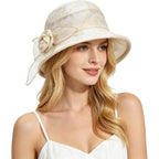 Women Flower Bowler Sun Hat Wide Brim Cloche Bucket Hat Foldable Breathable Wedding Church Tea Party Fascinator Beige