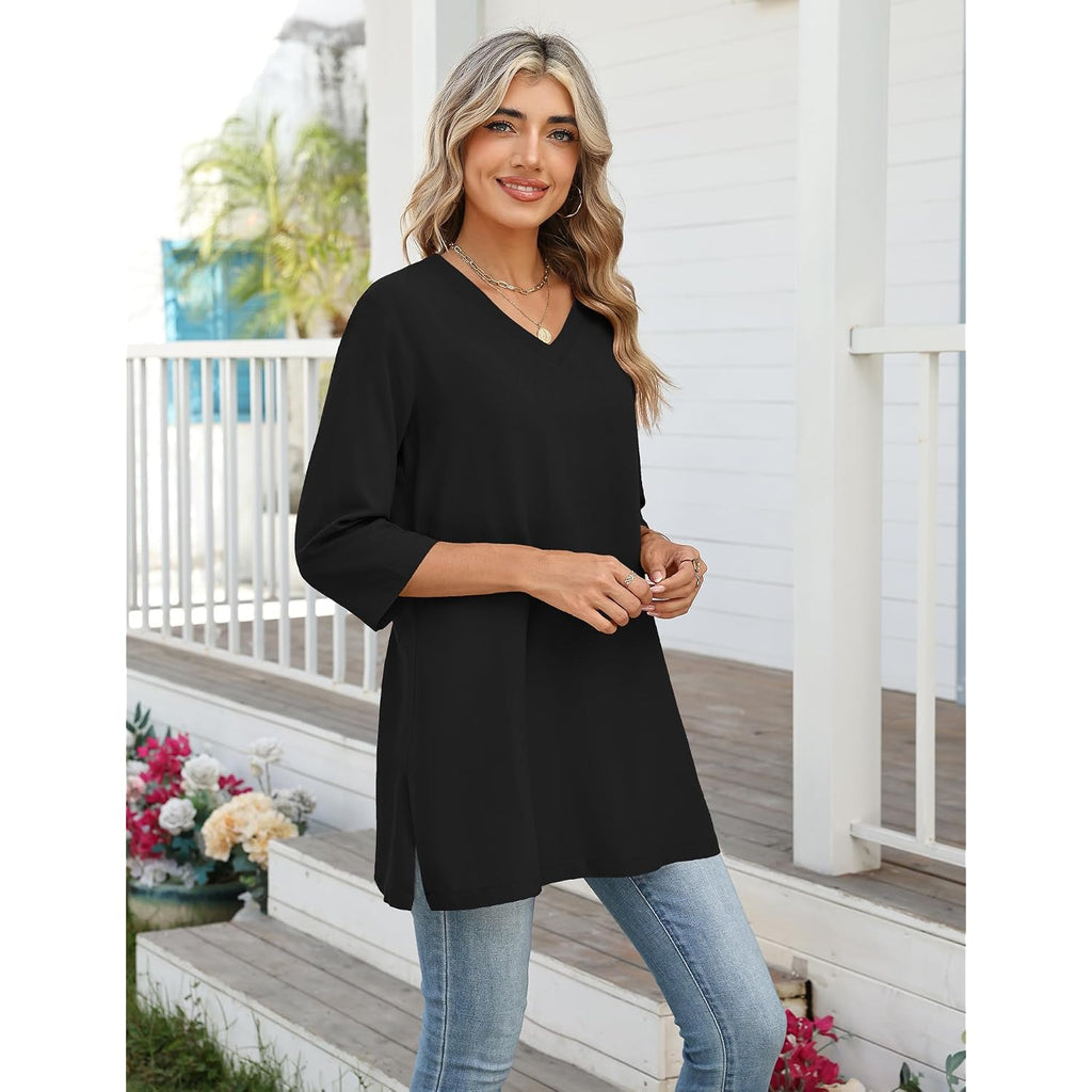 3/4 Length Sleeve Cotton Linen Womens Tops V Neck Loose Fit Dressy Casual Blouse Flowy Shirts Womens Clothing