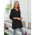 3/4 Length Sleeve Cotton Linen Womens Tops V Neck Loose Fit Dressy Casual Blouse Flowy Shirts Womens Clothing