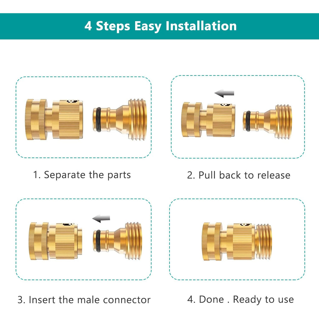 Finest+ Garden Hose Quick Connector, Solid Brass 3/4 Inch Thread Fitting No-Leak Water Hose Female And Male Easy Connect (6 Sets)