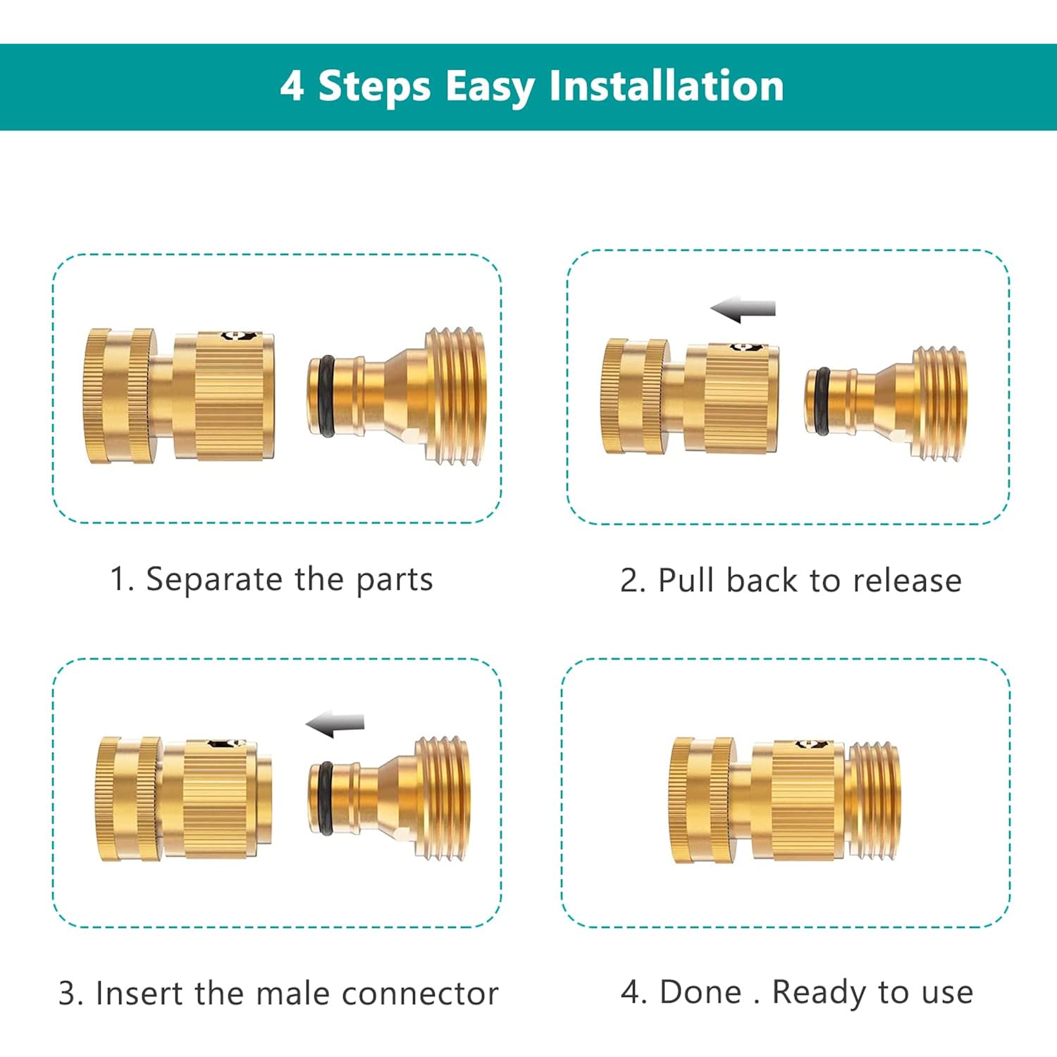 Finest+ Garden Hose Quick Connector, Solid Brass 3/4 Inch Thread Fitting No-Leak Water Hose Female And Male Easy Connect (6 Sets)
