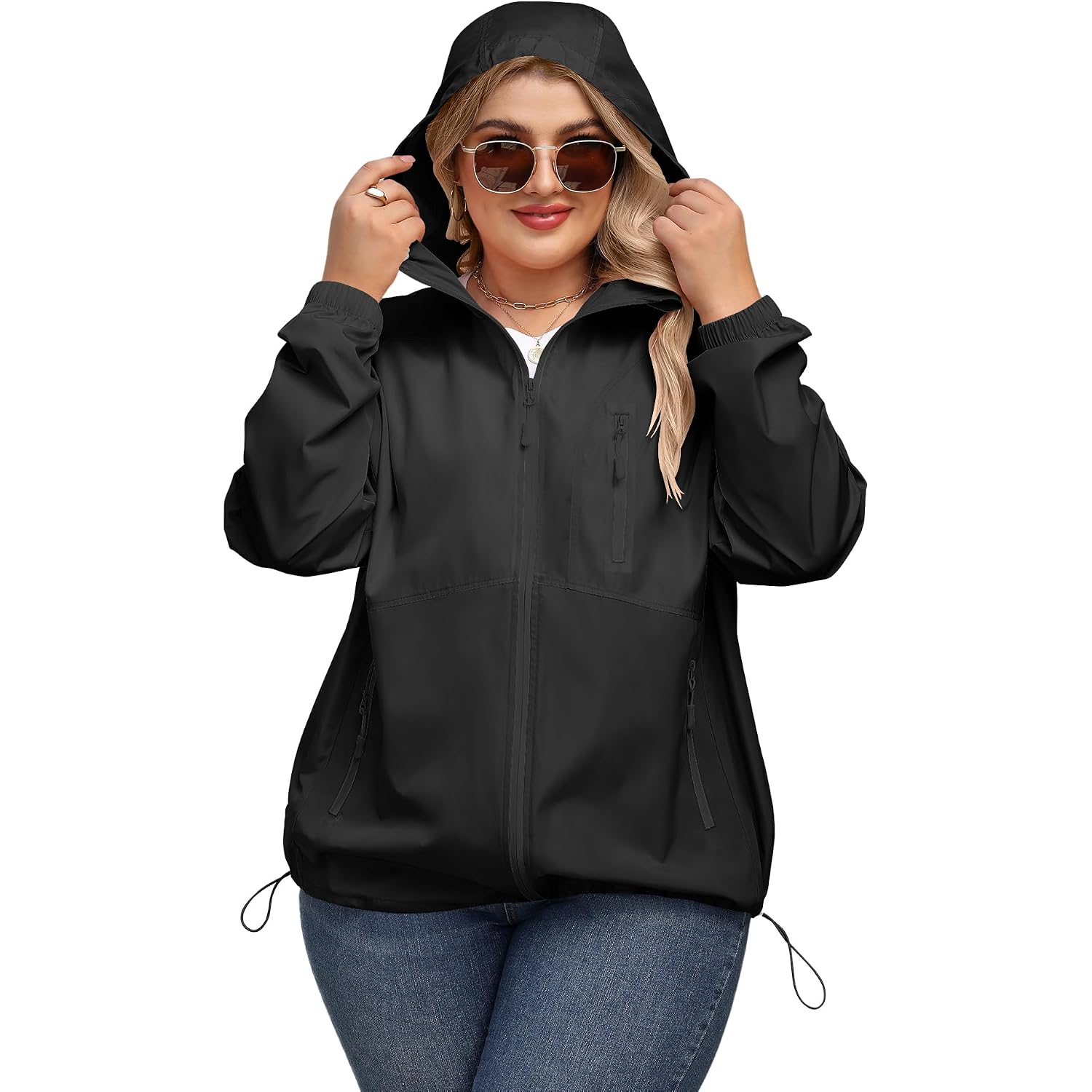 Plus Size Womens Rain Jacket With Hood Waterproof Raincoats Lightweight Packable Outdoor Trench Coat Xl-5Xl