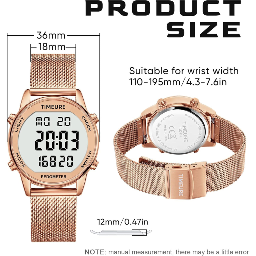Women'S Step Counter Pedometer Watch With Stainless Steel Bracelet, Stylish Design, No App, No Charging Needed For Step, Calorie, Distance, Alarm, Countdown Timer，Tu-2401