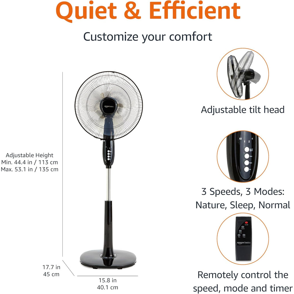 Amazon Basics 16" Pedestal Fan With Remote For Bedroom, Living Room, Office, Adjustable Height, Dual-Layered Blades, 3 Speeds, 3 Modes, Timer, Tilt Head, 60W, Black