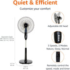 Amazon Basics 16" Pedestal Fan With Remote For Bedroom, Living Room, Office, Adjustable Height, Dual-Layered Blades, 3 Speeds, 3 Modes, Timer, Tilt Head, 60W, Black