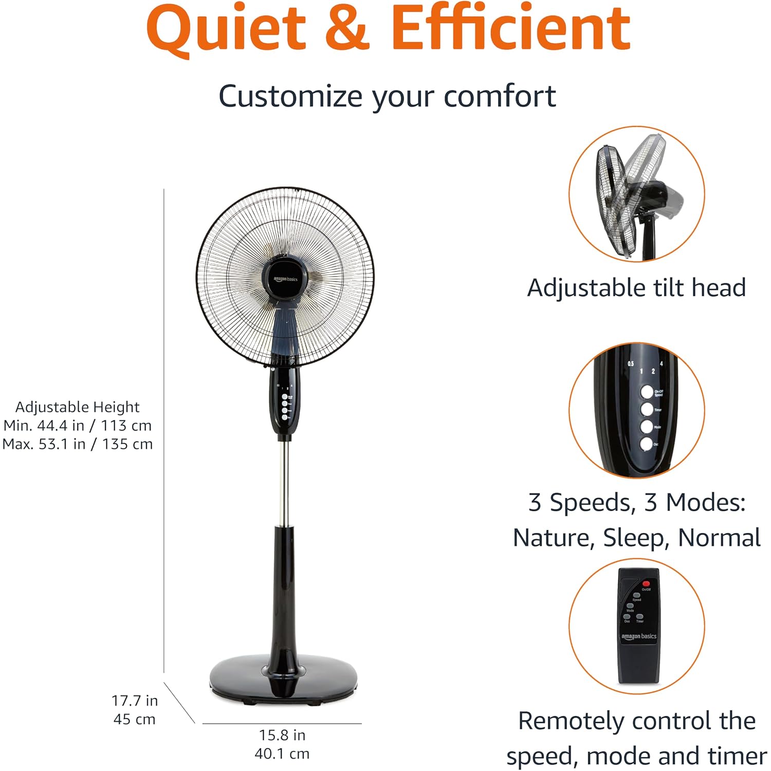 Amazon Basics 16" Pedestal Fan With Remote For Bedroom, Living Room, Office, Adjustable Height, Dual-Layered Blades, 3 Speeds, 3 Modes, Timer, Tilt Head, 60W, Black