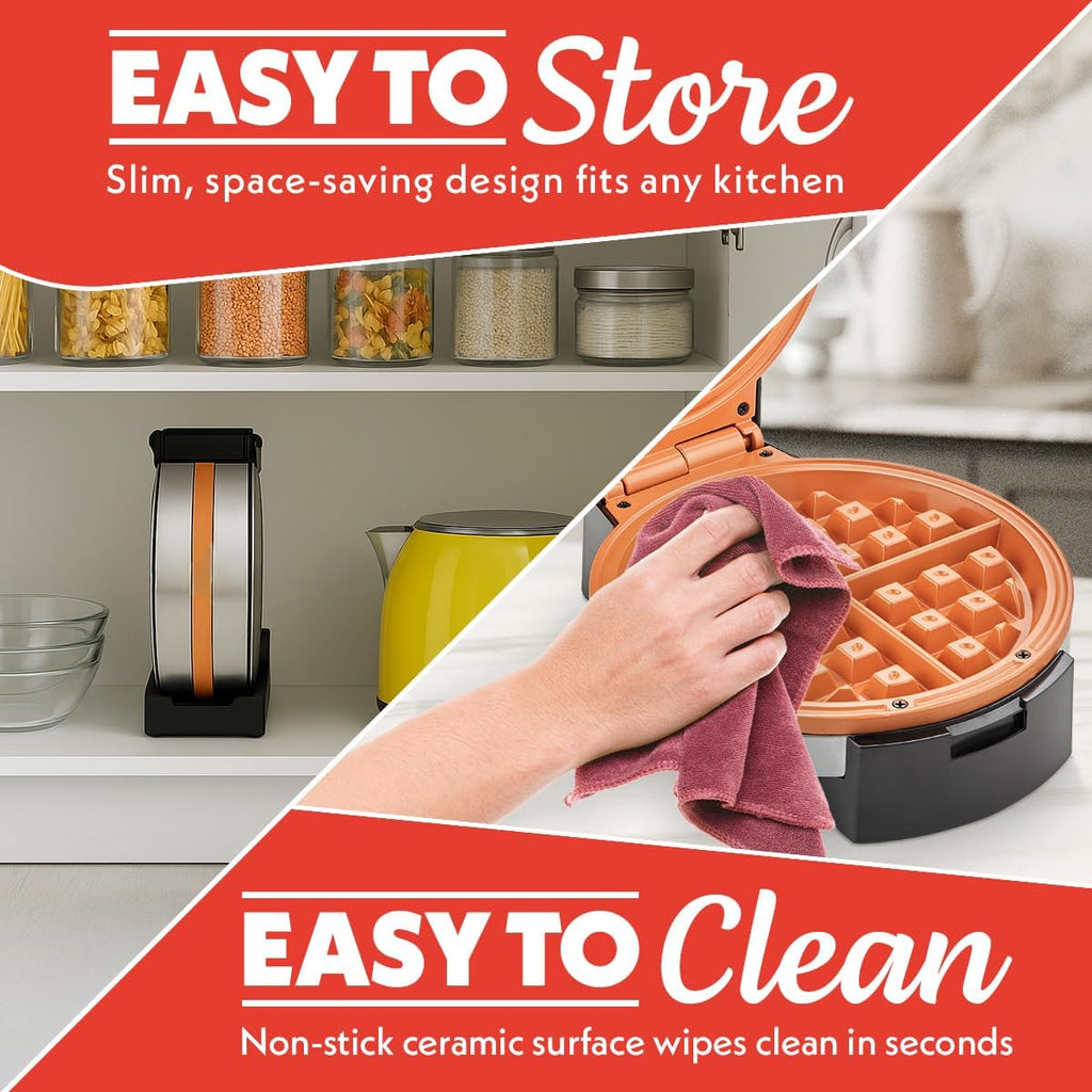 Gourmia Belgian Waffle Maker – Compact Design with Upright Storage, Adjustable Browning, and Easy-Clean Nonstick Ceramic Plates, Stainless Steel