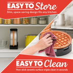 Gourmia Belgian Waffle Maker – Compact Design with Upright Storage, Adjustable Browning, and Easy-Clean Nonstick Ceramic Plates, Stainless Steel