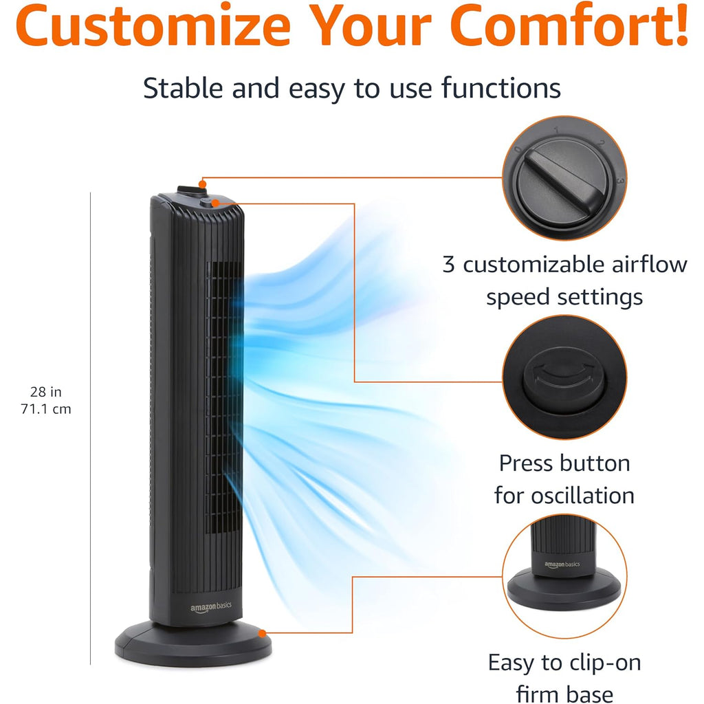 Amazon Basics 28" 60-Degree Oscillating Tower Fan With Powerful Airflow For Bedroom, Living Room, Office, 3 Speeds, Mechanical Control, Air Circulator, 35W, 27.8"H X 9.4"D X 9.4"W, Black