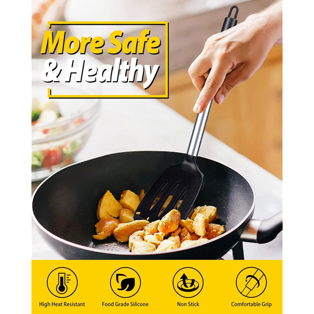 Pack Of 2 Silicone Solid Turner, Non Stick Slotted Kitchen Spatulas, High Heat Resistant Bpa Free Cooking Utensils, Ideal Cookware For Fish, Eggs, Pancakes(Black)