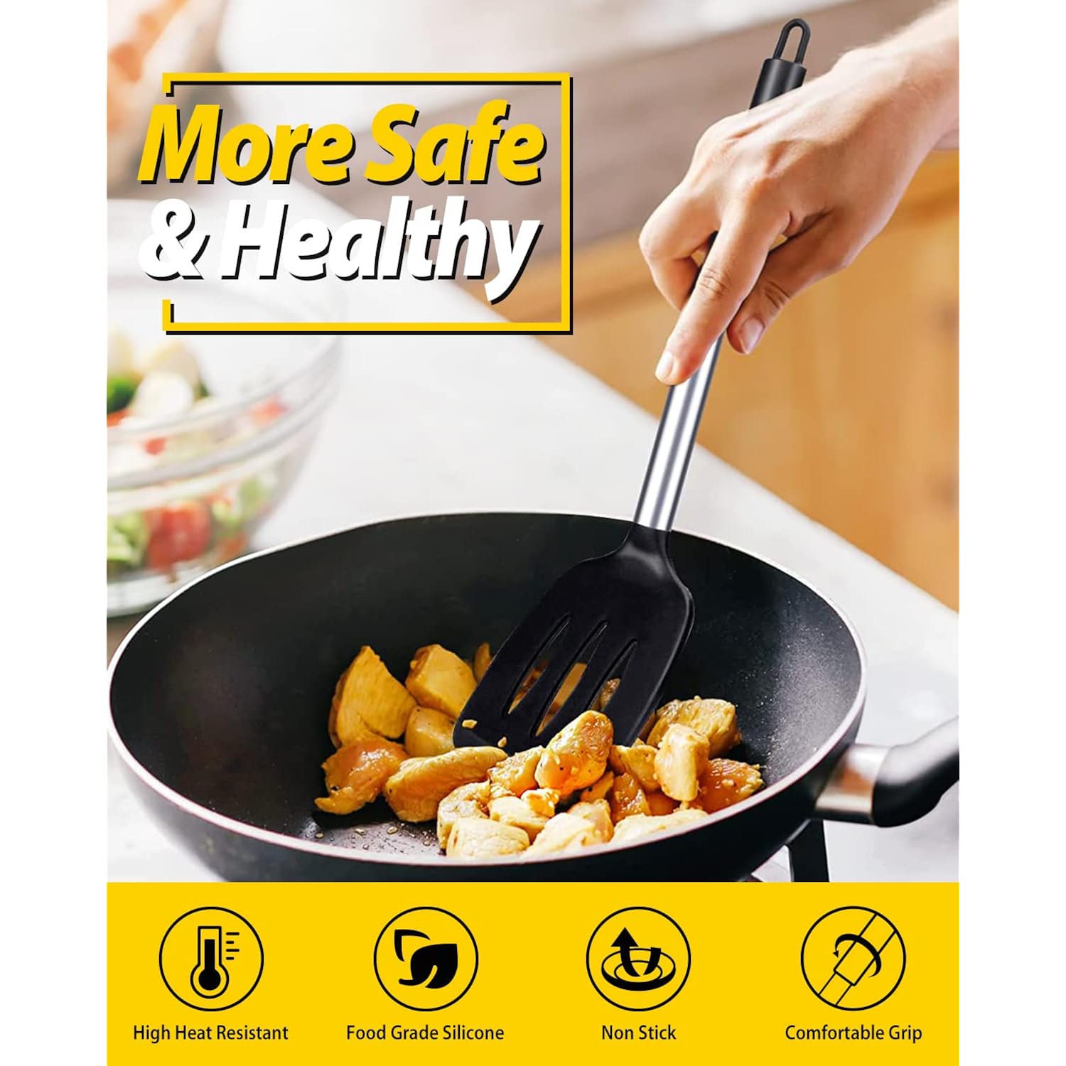 Pack Of 2 Silicone Solid Turner, Non Stick Slotted Kitchen Spatulas, High Heat Resistant Bpa Free Cooking Utensils, Ideal Cookware For Fish, Eggs, Pancakes(Black)