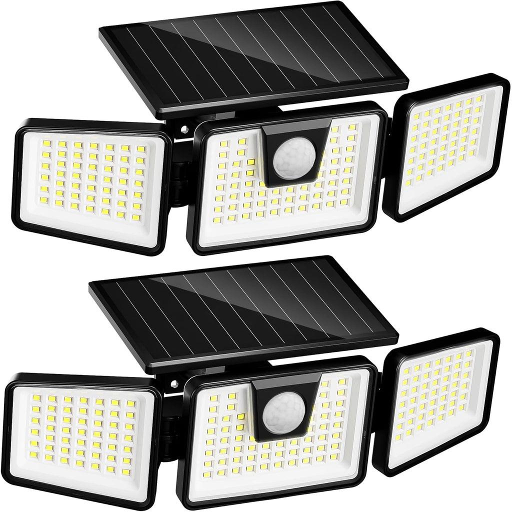 Solar Lights Outdoor Waterproof, 3000 Lm 156 Led Motion Sensor Outdoor Lights, 3 Heads Solar Powered Security Flood Light Motion Detected Spotlight For Patio Garage Yard Entryways, 2 Pack Black