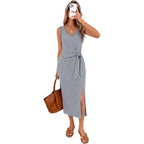 Ofeefan Summer Dresses For Women 2026 V Neck Sleeveless Casual Dress Elegant Work Long Midi Dresses For Women Tie Waist
