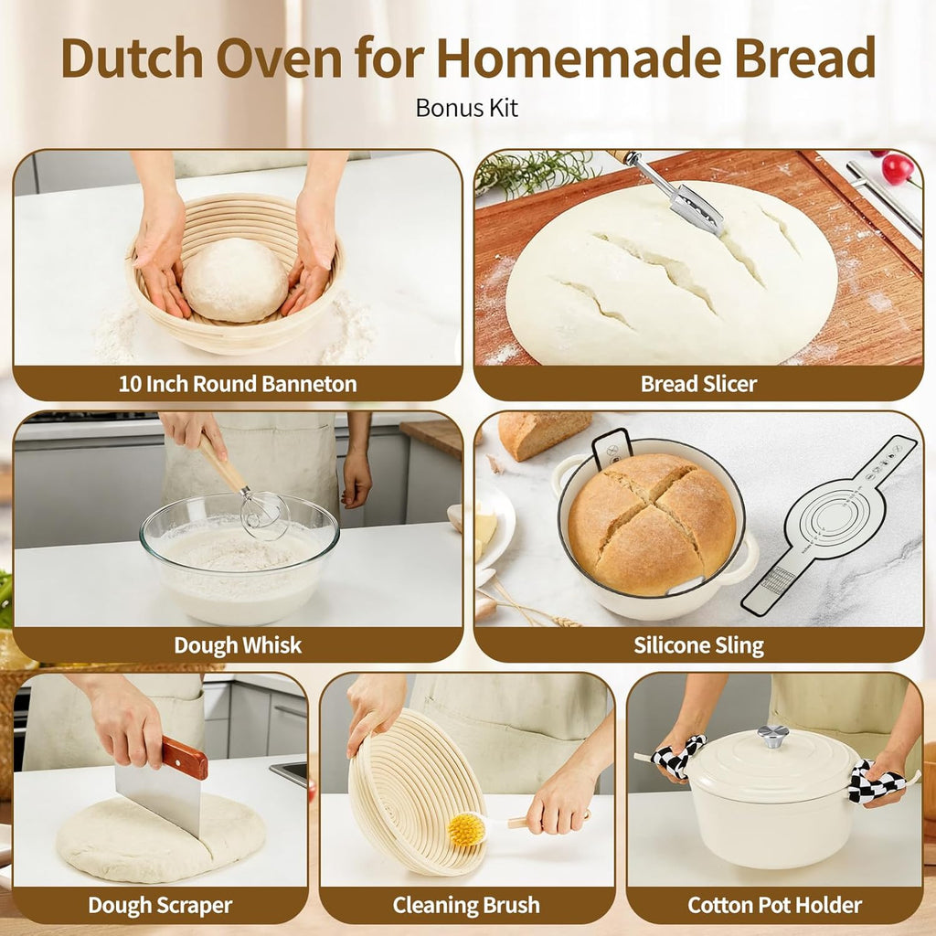 Enameled Cast Iron Dutch Oven with Lid -6.5 QT, incl. Sourdough Bread-Baking Supplies like Banneton Proofing Basket, Heavy Duty Cookware Bread-Oven for Baking, Stews, and Roasting, Cream White
