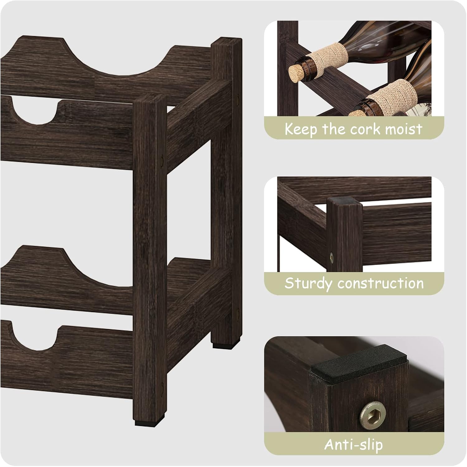Bameos Wine Rack Freestanding 2 Tier 8 Bottle Bamboo Wine Racks Countertop Cabinet Wine Holder Wine Storage Shelf For, Bar, Pantry Wine Cellar Basement Countertop Mocha (16.85 L X 9.25W X 7H