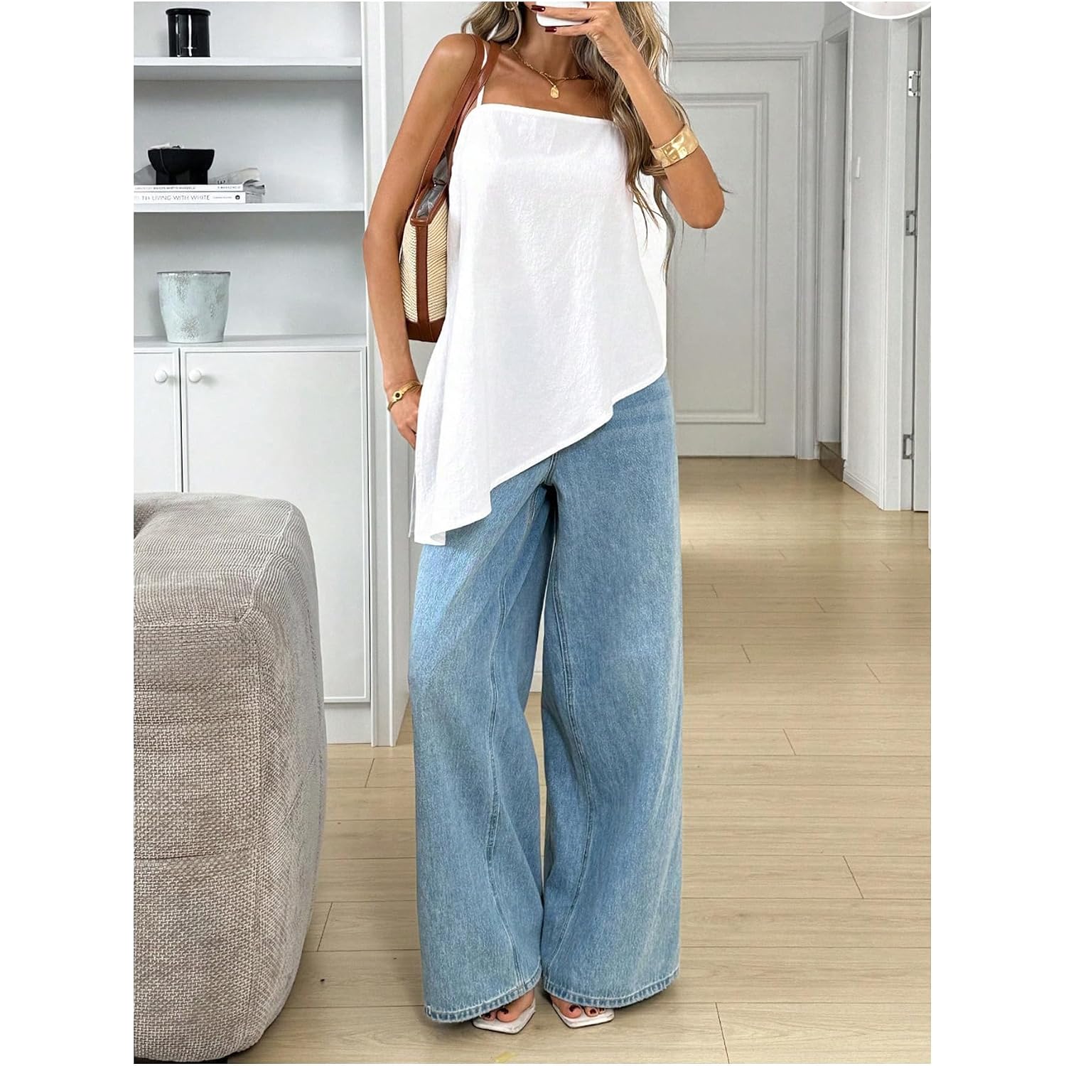SHENHE Women's Summer Long Camisole Top Asymmetrical Split Hem Spaghetti Strap Cami Tank
