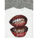Verdusa Graphic Tees for Women Lips Print 2000s Clothing Short Sleeve Graphic T Shirts Y2k Going Out Tops White