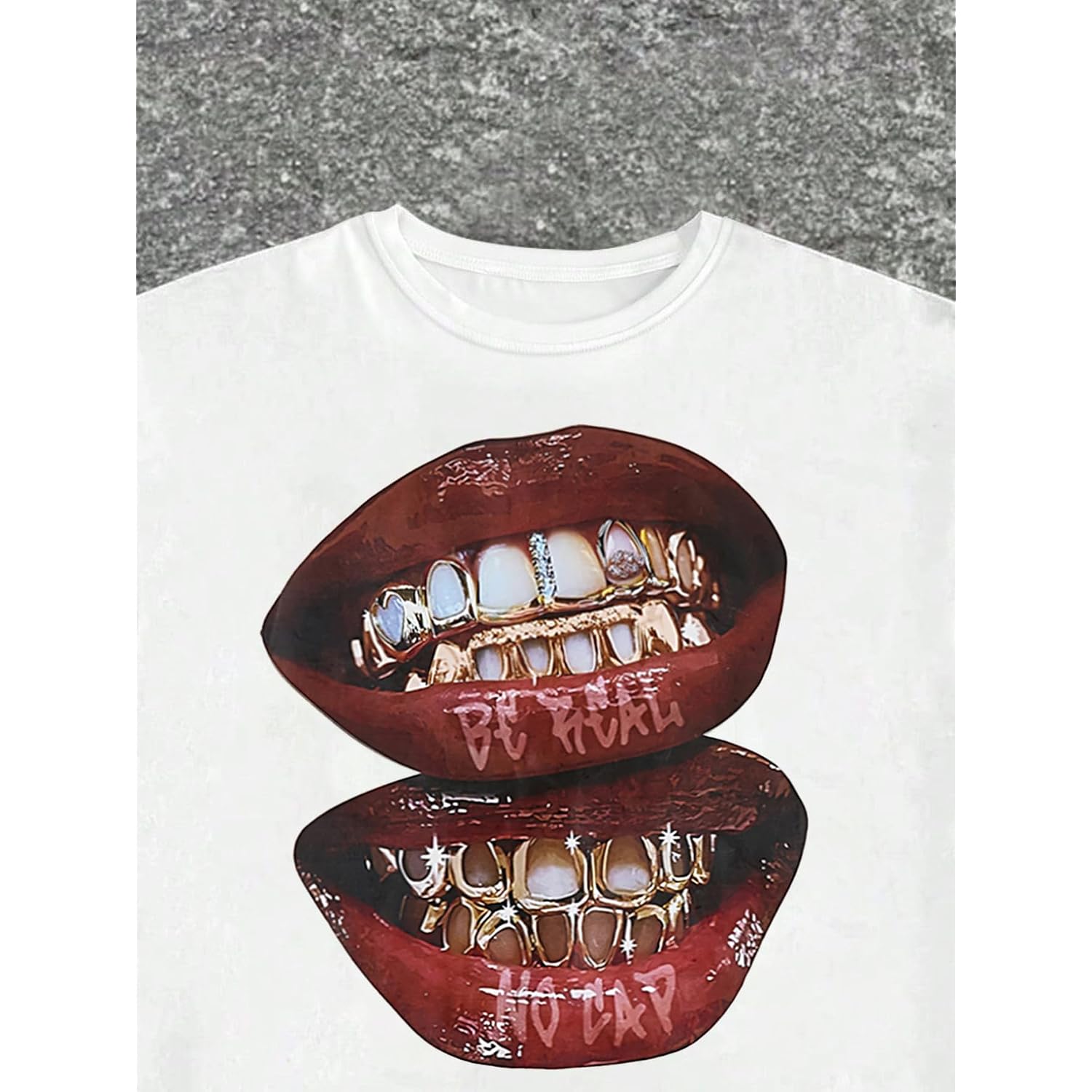 Verdusa Graphic Tees for Women Lips Print 2000s Clothing Short Sleeve Graphic T Shirts Y2k Going Out Tops White
