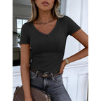 Women Short Sleeve V Neck Ribbed Knit Fitted Shirts Basic Tees Tops 2026 Summer Casual T-Shirts Going Out Outfits