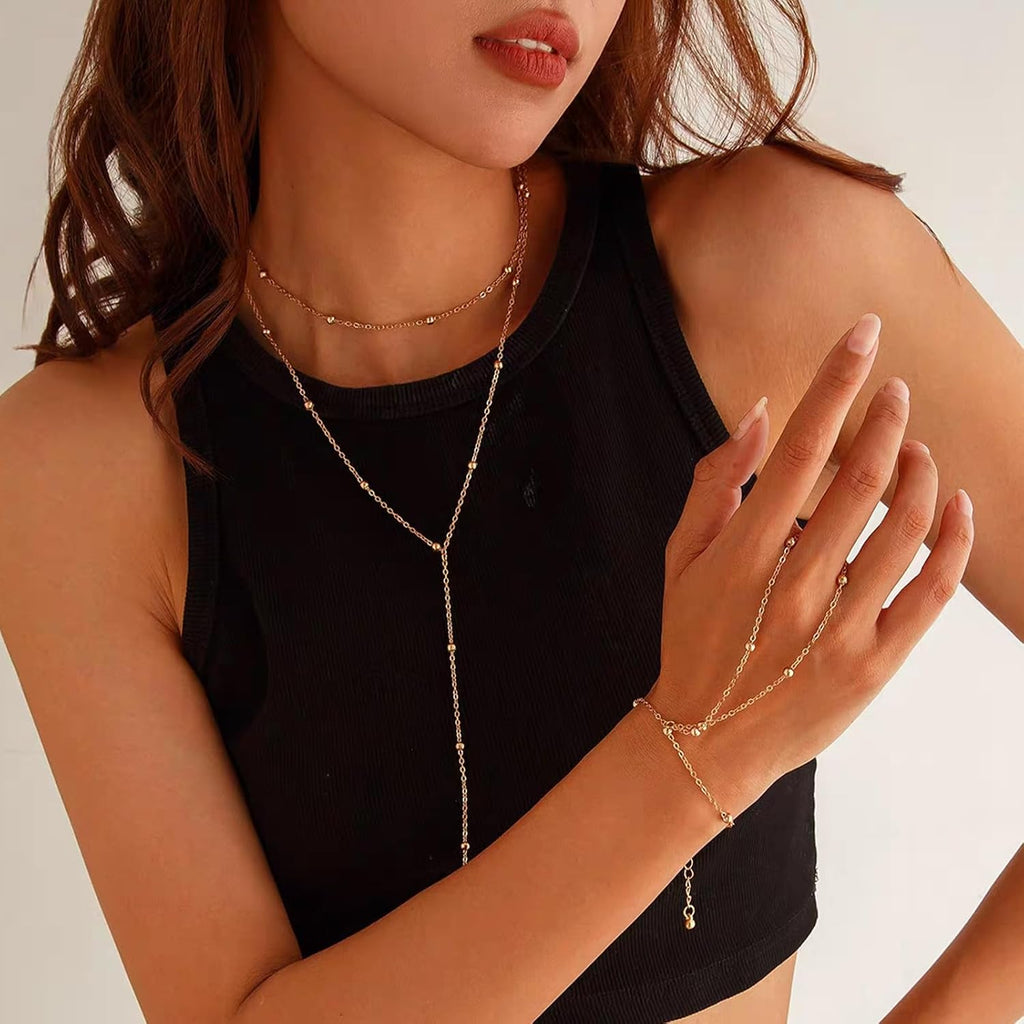 Luxval Lariat Gold Necklace for Women, Dainty Long Necklace 14k Gold Plated/Silver Y-Shaped Pendant Necklaces Trendy Beaded Chain Drop Necklaces Jewelry for Women Gifts