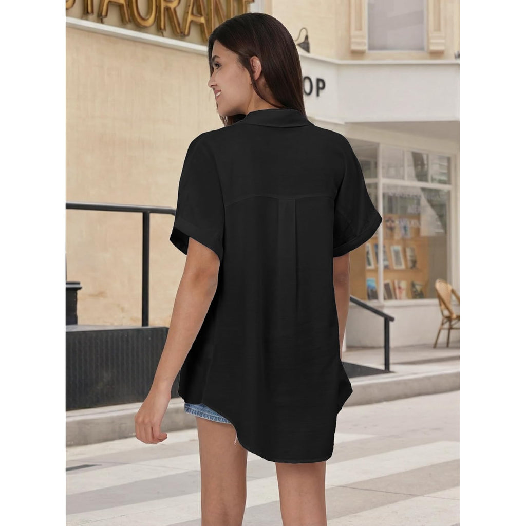 Womens Casual Button Down Shirt Short Sleeve Cotton Button Up Blouses Collared Summer Beach Tops Ladies Outfits