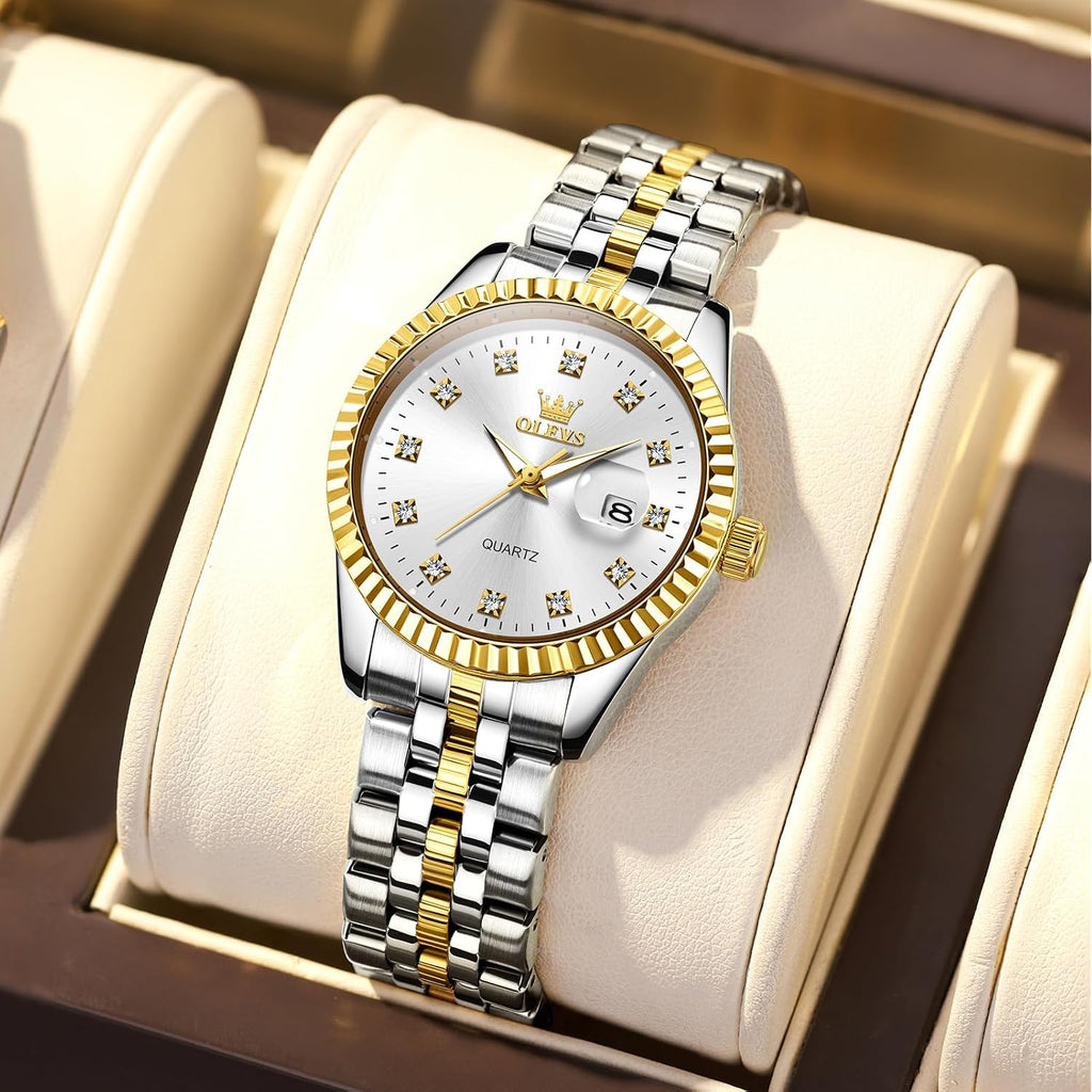 Olevs Women'S Stainless Steel Watch, Luxury Gold Silver Two Tone Easy To Read Analog Quartz Dress Watch For Women, Elegant Waterproof Luminous Calendar Date Ladies Watches For Small Wrists