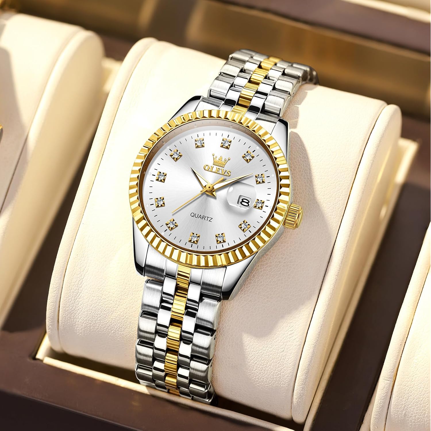 Olevs Women'S Stainless Steel Watch, Luxury Gold Silver Two Tone Easy To Read Analog Quartz Dress Watch For Women, Elegant Waterproof Luminous Calendar Date Ladies Watches For Small Wrists