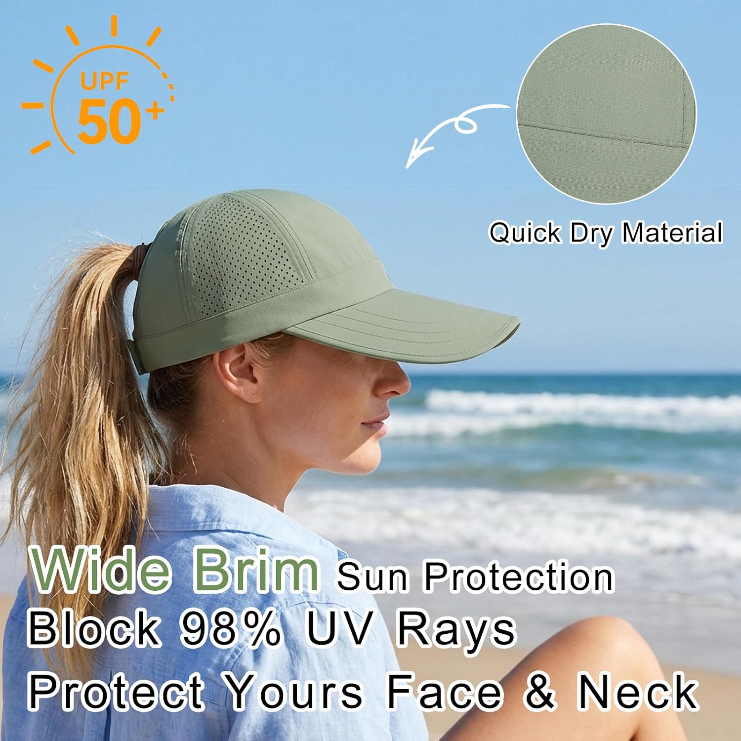 Large Wide Brim Baseball Sun Hats for Women Mesh Quick Dry Sports Hat Outdoor Travel Beach Ponytail Cap Green