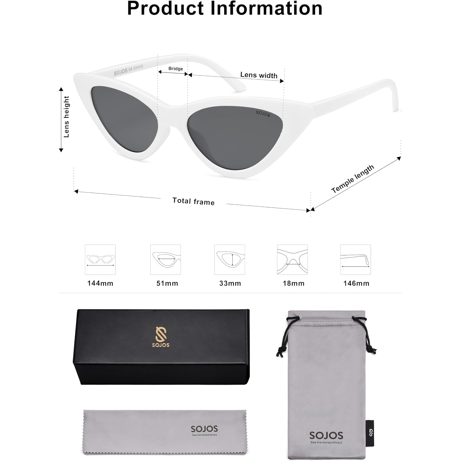 SOJOS Retro Vintage Narrow Cat Eye Sunglasses for Women Clout Goggles Plastic Frame SJ2044 Snow White Frame/Grey Lens