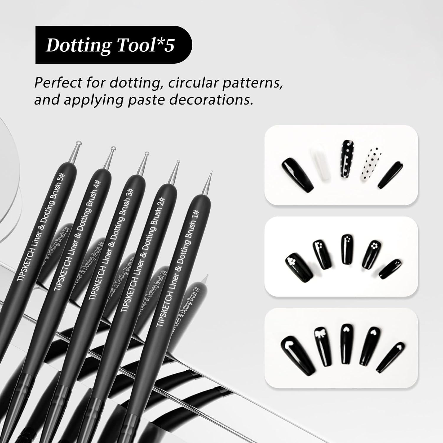Nail Art Liner Brushes 5Pcs with Caps & Bag,Double‑Ended Thin Liner & Dotting Pen Set(4/8/12/15/20mm) for Long Lines,Fine Details,Gel Polish & Nail Painting