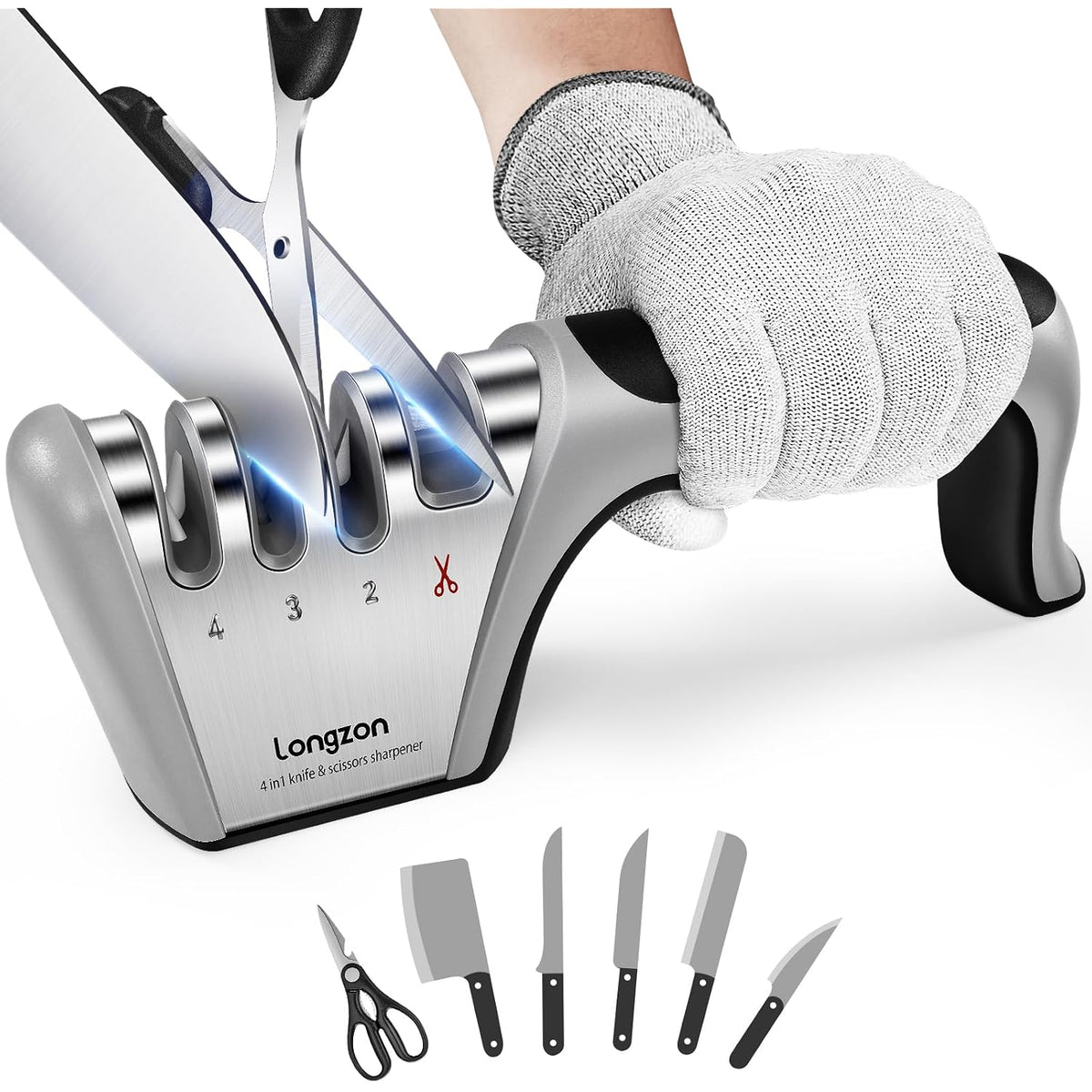Longzon 5-In-1 Knife Sharpener 4 Stage With Cut-Resistant Glove, Quickly Sharpens & Restores Dull Blades, Easy & Safe For Home Kitchen Use, Fits Most Knives And Scissors, Black+Silver