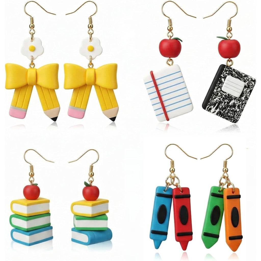 4 Pairs Teacher Earrings for Women Cute Polymer Clay Teacher Day Studs Earrings Gifts Pencil Crayon Composition Notebook Book Jewelry for Graduation Appreciation End of Year Accessories