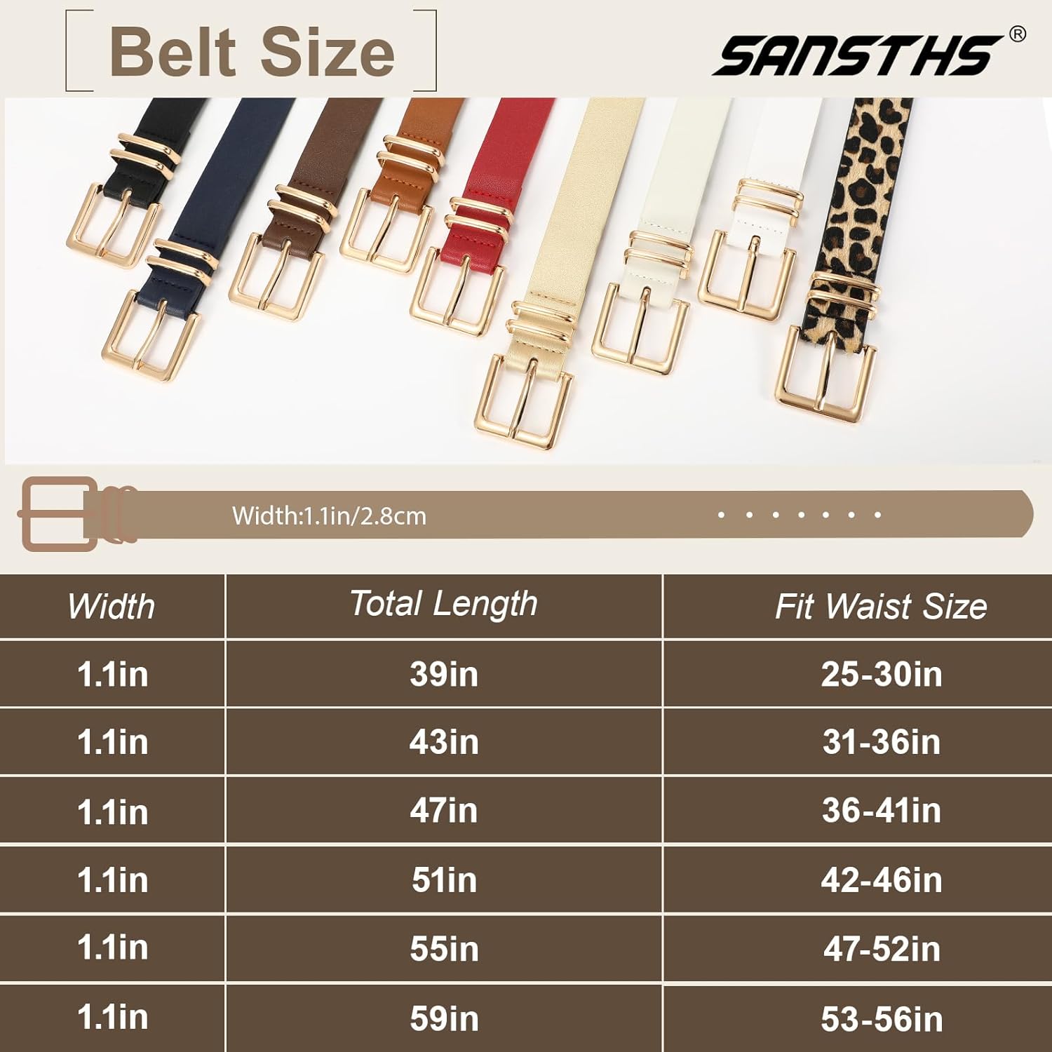 SANSTHS 3 PACK Women Leather Belts for Jeans Pants Dresses Fashion Ladies Waist Belt with Gold Square Buckle