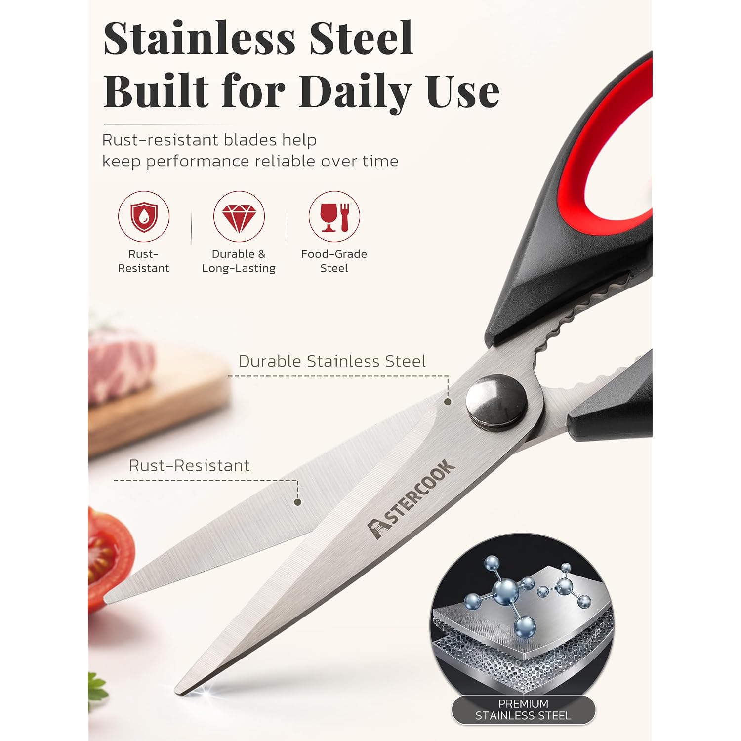 Astercook Kitchen Scissors 3 Pack, Heavy Duty All Purpose Kitchen Shears For Food And Packaging, Stainless Steel Food Scissors For Meat, Poultry, Herbs And Vegetables, Dishwasher Safe