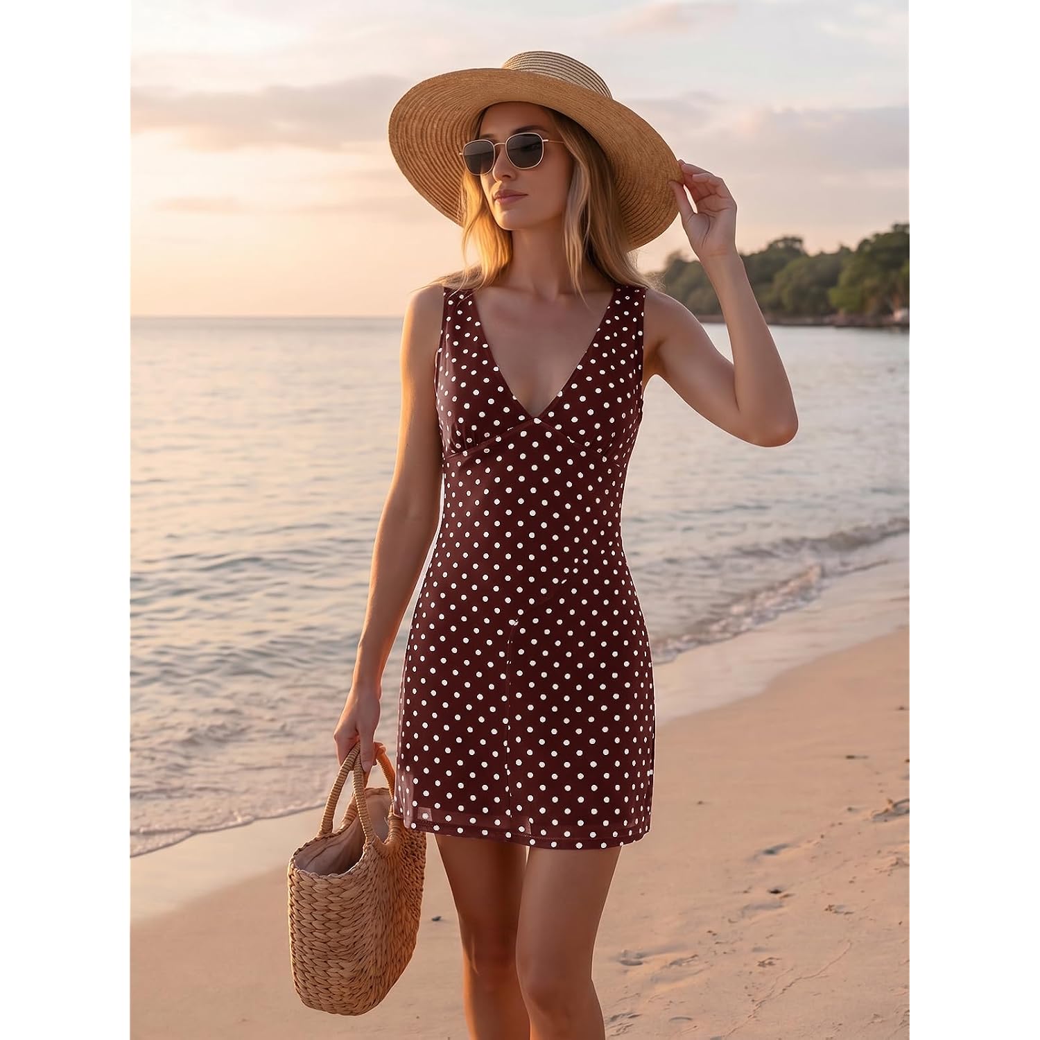 Wenrine Womens Summer Polka Dot Mini Dress Mesh Sexy V Neck Sleeveless Party Going Out Club A Line Short Dresses