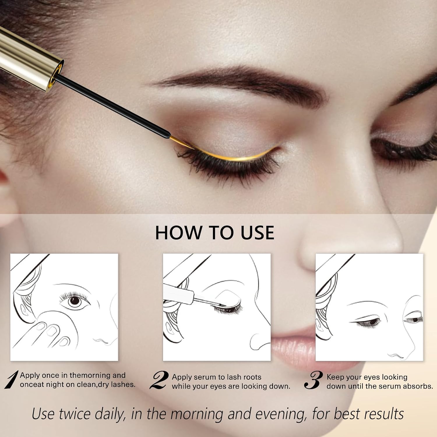 Eyelash Growth Serum – 15 Plant Extracts For Longer, Denser & Robust Lashes,Boosts Natural Lash Development,Eyelash Serum,Enhance Natural Beauty, Hypoallergenic Oil Free,Lash Growth Serum（Pure Gold）